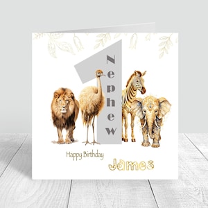 Niños personalizados 1ª tarjeta de cumpleaños Safari hecha a mano primera tarjeta de cumpleaños para hermano hijo nieto sobrino bebés 1ª tarjeta de cumpleaños de oro 567