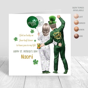 Personalisierte St. Patricks Day-Karte für Paare für Partner, viel Glück, Kleeblatt, glückliche St. Patricks Day-Karte zum Feiern, Grün und Gold 821