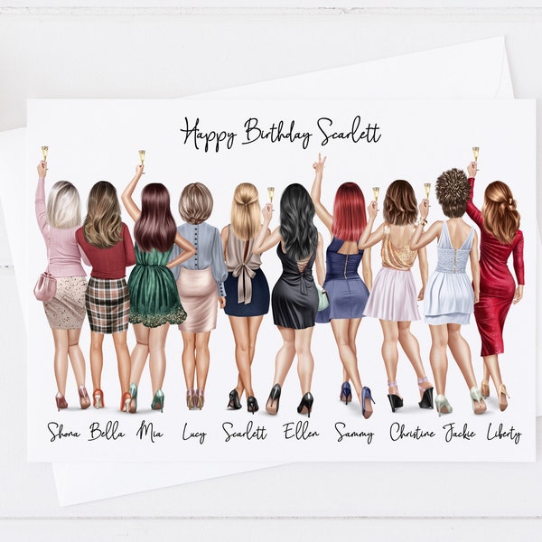 Womens Personalised Birthday Card Girl Group Women's Handmade card 25th 30th 40th 50th Large Card Women's for her Friend Any age 794