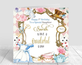 Girls Personalised Onderful Birthday Card Handmade 1st birthday Theme Pink Wonderland Tea Party Greeting Card 1st 389