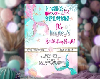 Girls Personalised Mermaid Invites, Make a Splash Birthday Invitation, Girls Birthday Invite, Mermaid , Mermaid Tails, Mermaid Party 58