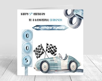 Boys Race Car Birthday Card, Blue Racer personalised birthday card for boys Son nephew Grandson 1st 2nd 3rd 4th 5th 6th 566