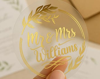 Adesivi trasparenti personalizzati per matrimoni: adesivi personalizzati con nome in oro per inviti, sigilli per buste di ringraziamento, etichette Mr & Mrs, decorazioni eleganti