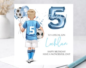 Personalised Boys Football Birthday Card,Happy Birthday Soccer Card,Greeting Card,Blue football Kit Birthday Card,Son 5th 6th 8th 2296