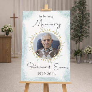 Può includere: Un cartello commemorativo su un cavalletto di legno. Il cartello presenta un ritratto di un uomo all'interno di una ghirlanda, con le parole "In loving Memory", il nome "Richard Evans" e le date 1949-2026.