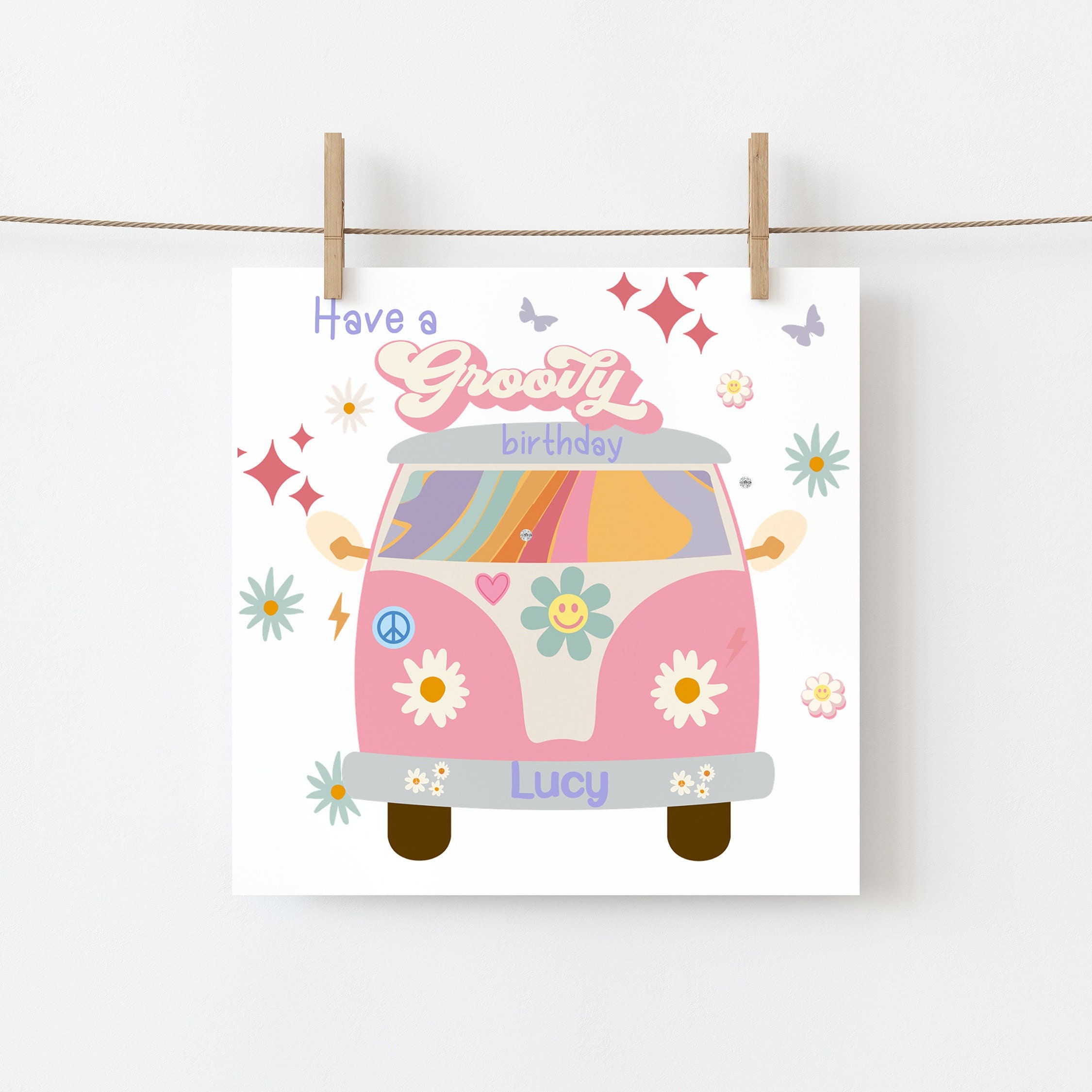 Girls Groovy Birthday Card Personalised Greetings Card Retro Campervan ...