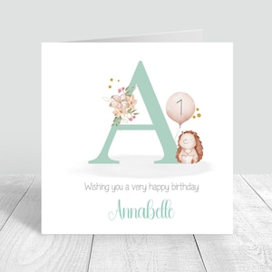Biglietto d'auguri personalizzato per ragazze con riccio e palloncino floreale, figlia, sorella, cugina, amica, nipote, 1° 2° 3° 4° 5° 6° 804