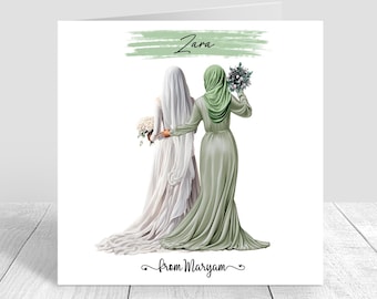 Personalised Muslim Women Wedding Day Card, Congratulations Muslim,Headscarf/Hijab Turbans Best Friend Sister,Bridesmaid Maid of Honour 1377