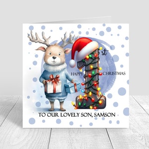 Biglietto di Natale personalizzato per il primo bambino con renna, biglietto di Natale fatto a mano per ragazzi, nipote, figlio, nipote, fratello, ragazzi, primo Natale Bub 721