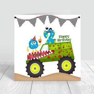 Carte d'anniversaire personnalisée pour garçons Monster Cars faite à la main, carte d'anniversaire de tout âge pour frère, fils, petit-fils, neveu, bébés, 2e, 3e, 4e anniversaire