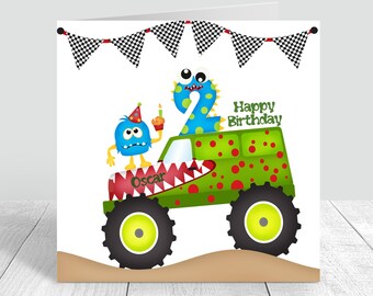 Personalised Boys Monster Cars Birthday Card Handmade Any age Birthday Card For Brother Son Grandson Nephew Babies 2nd 3rd 4th Birthday Card