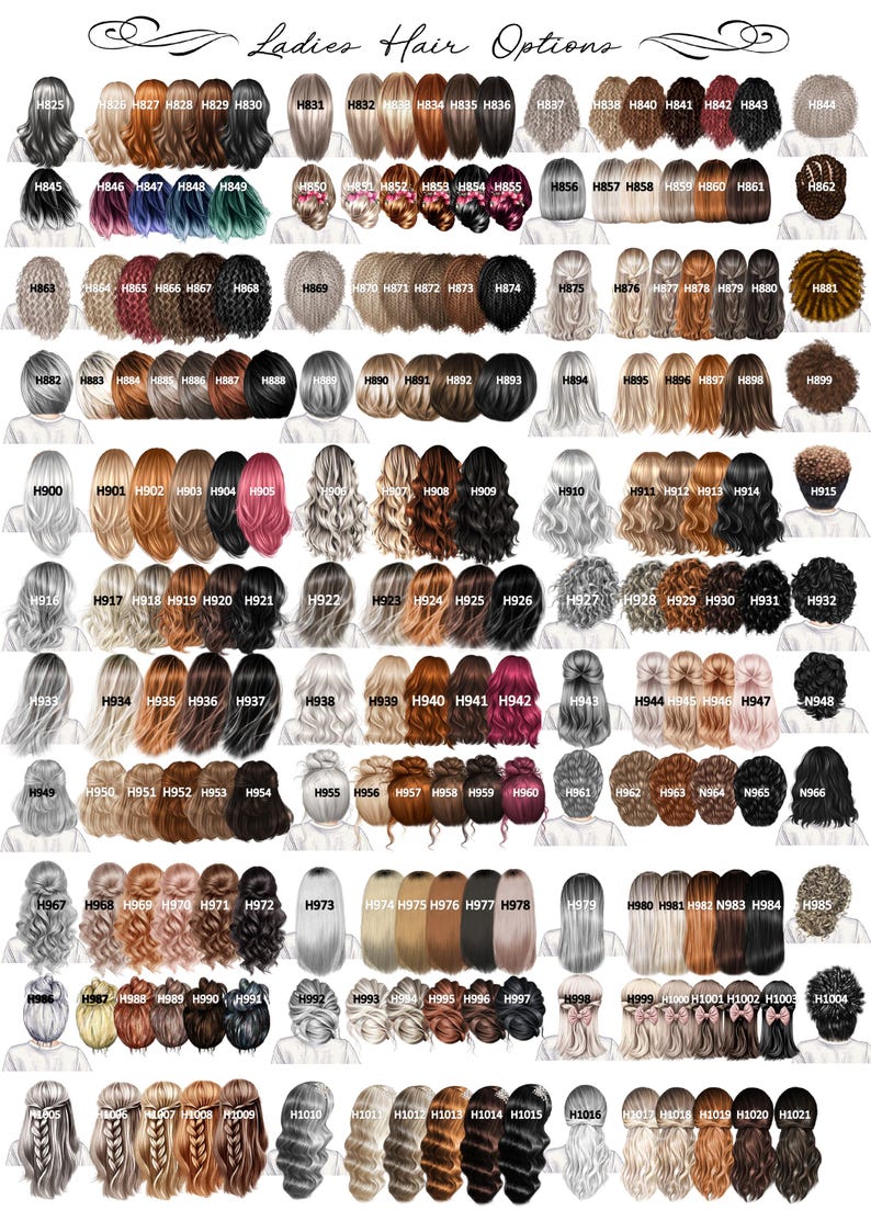 May include: A comprehensive chart titled Ladies Hair Options displaying numerous illustrations of various hairstyles and hair colours, each labelled with a unique code from H825 to H1021, showcasing diverse textures, lengths, and shades.