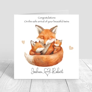 Carte jumelle personnalisée bébé fille/bébé garçon, nouveau-né, carte nouveau-né faite main, bébé renard, carte de félicitations, cadeaux pour jumeaux 1354
