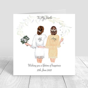 Cartão feito à mão para o dia do casamento Bestie Robes personalizados | Parabéns, presente de dia de casamento | Várias cores e estilos de cabelo