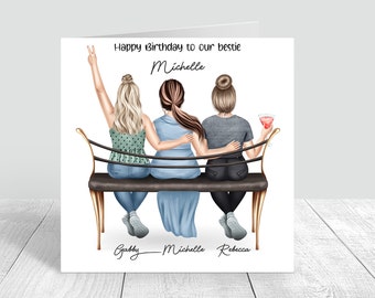 Besties/Sisters /Friends Happy Birthday Handmade Card  three ladies birthday card 18th 21st 25th 30th 35th 40th 50th 60th Personalised 206