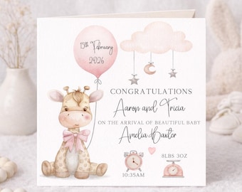Personalised Baby Announcement Card, Baby Girl Card,Custom Newborn Keepsake Gift,Congratulations New Parents card, It's a Girl,New Baby 2634