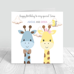 Carte d'anniversaire personnalisée girafe pour jumeaux, fille jumelle/garçon jumeau, cartes faites main et personnalisées