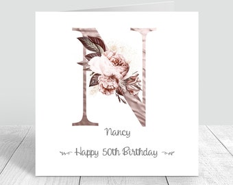 Carte d’anniversaire initiale personnalisée en or rose faite à la main pour femmes Joyeux anniversaire Maman / Tante / Meilleure amie / Sœur / 18e 21e 30e 40e 50