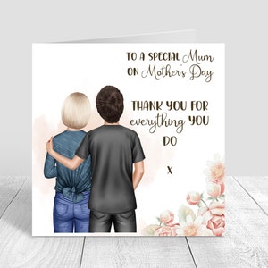 Tarjeta personalizada del Día de las Madres Felices Tarjeta de felicitación del Día de las Madres Madre e Hijo Gracias, Con amor Tarjeta hecha a mano de mamá hijo para el Día de las Madres 392