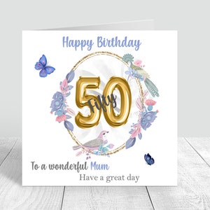 Womens 50th Birthday Card Floral Botanical Card for Women Personalised 50th happy Birthday Greeting Card Purple Flowers Birds 343