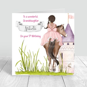 Personalisierte Mädchen Geburtstagskarte Handmade Grußkarten Pferd und Schloss Themenkarte Tochter Enkelin Nichte Schwester Freund 124