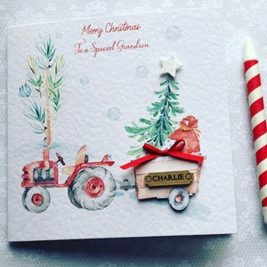 Cartão de Natal para meninos do trator de Natal feito à mão e personalizado neto/filho/sobrinho/bisneto/afilhado