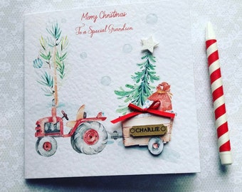 Carte de Noël pour garçons tracteur de Noël faite main et personnalisée petit-fils/fils/neveu/arrière-petit-fils/filleul/filleul
