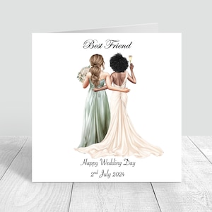 Cartão personalizado de feliz dia de casamento para melhor amiga, irmã, prima, vários penteados feitos à mão, dama de honra, melhor amiga, noiva 1219