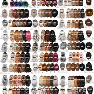 May include: A comprehensive chart titled Ladies Hair Options displaying numerous illustrations of various hairstyles and hair colors, each labeled with a unique code from H825 to H1021, showcasing diverse textures, lengths, and shades.