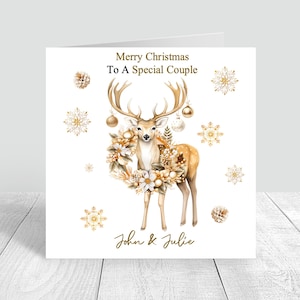Gepersonaliseerde kerstkaart, rendierkaart goud & wit, handgemaakte kerstkaart, speciaal koppel, partner, vrouw, man, seizoensgroeten
