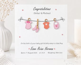 Personalised New Born Baby girl Handmade card, Washing Line Card, Congratulations New Parents card, Baby Girl Card, New Baby Card, Welcome