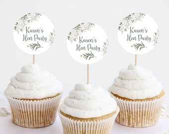 Personalised Hen Party Cupcake Toppers Floral | Elegant | Simple cake decor Hen Do Cupcake toppers White floral theme toppers