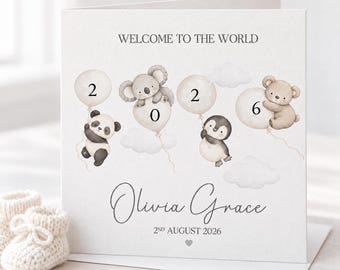 Personalised New Baby Card, Welcome to the World, Neutral Animals baby card, Baby Name & Birth Date, New Born Baby card, Girl, Boy 3118