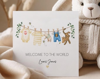 Personalised New Baby Card – Welcome to the World Card with Name, Gender Neutral,Winnie the Pooh, Custom Birth Announcement Card,  2012