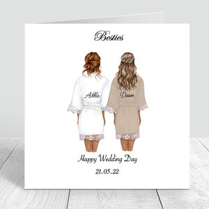 Cartão personalizado de feliz dia de casamento para melhor amiga, irmã, prima, vários penteados feitos à mão, dama de honra, melhor amiga, noiva 100