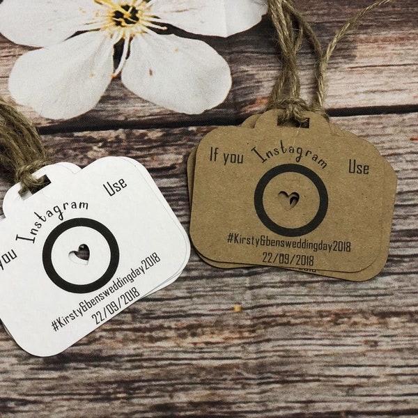 Instagram wedding camera tags rustic personalised favours table decor vintage