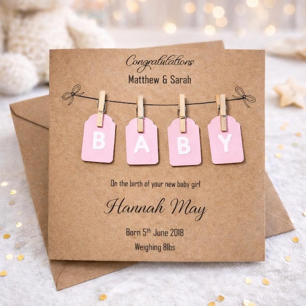 Lovely Handmade Personalised New Born Baby Girl Card Congratulations new arrival, Baby Girl Card, New Parents, Welcome to the world, Gifts