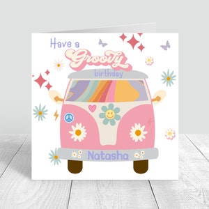 Carte d'anniversaire groovy pour filles, carte de voeux personnalisée, camping-car rétro, rose groovy, joyeux anniversaire 4e 5e 6e 7e 8e 10e 12e 259