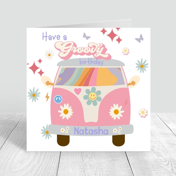 Girls Groovy Birthday Card Personalised Greetings Card Retro Campervan Groovy Pink Happy Birthday 4th 5th 6th 7th 8th 10th 12th 259