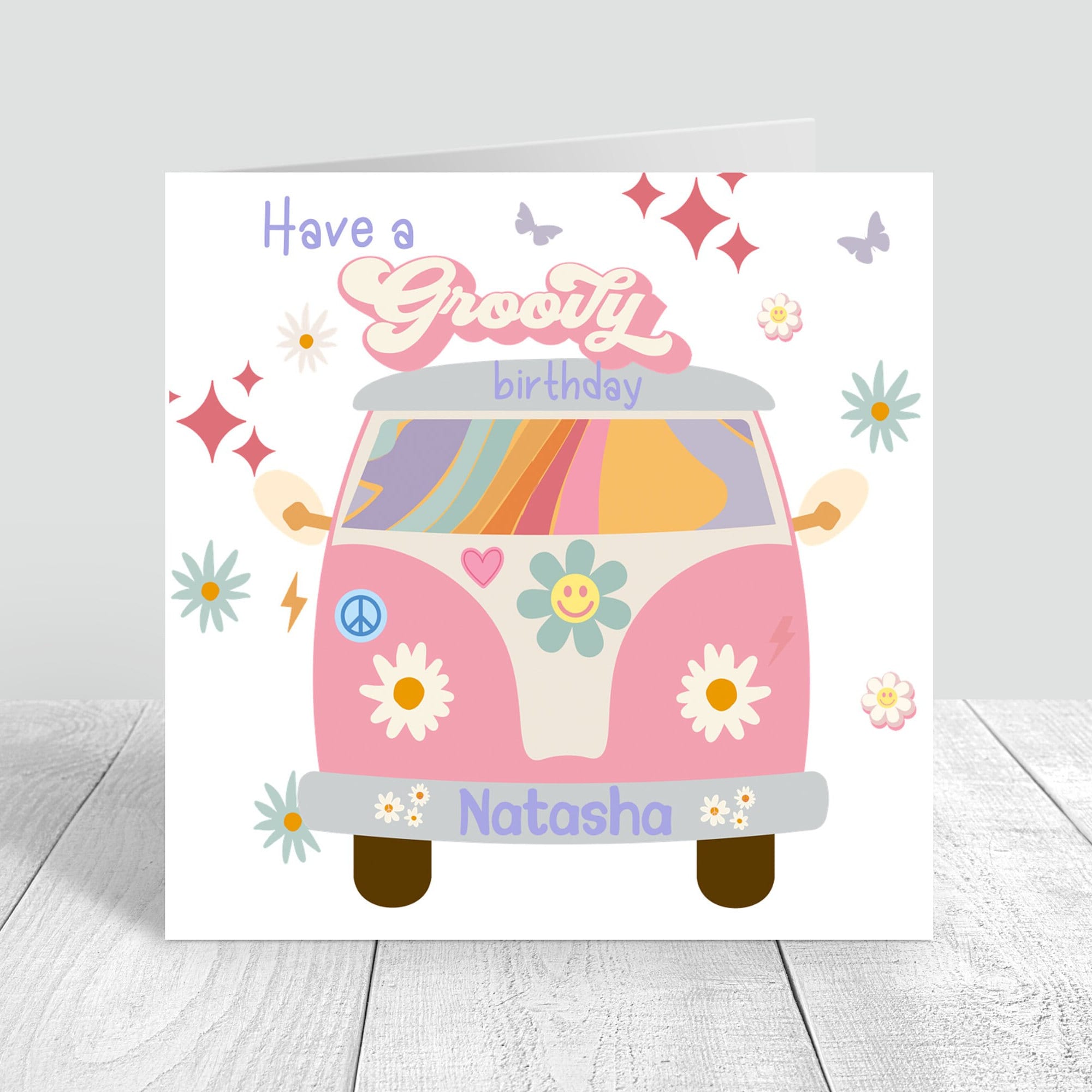 Girls Groovy Birthday Card Personalised Greetings Card Retro Campervan ...