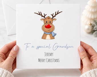 Grandson Christmas Card, Personalised Christmas Card for Grandson,Reindeer Christmas Card, Christmas Card for Boys, Grandson Xmas Card 3123
