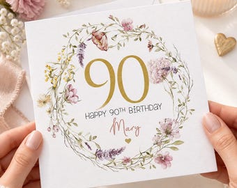90th Birthday Card for Her, Personalised 90th Birthday Card, Floral Birthday Card, 90th Birthday Gift for Her, Milestone Birthday Card 1880