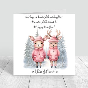 Tarjeta de Navidad personalizada para niñas hecha a mano, nieta, tarjeta de Navidad rosa, ciervos, tarjeta de felicitación con escena invernal 643