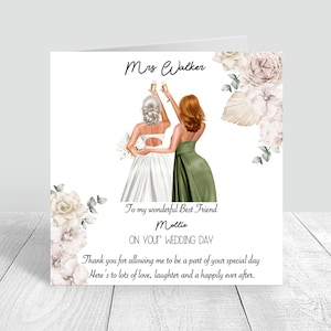 Carte faite main personnalisée le jour de votre mariage, carte de mariage, félicitations, carte de voeux, bohème, robe de mariée meilleure amie, soeur 1080