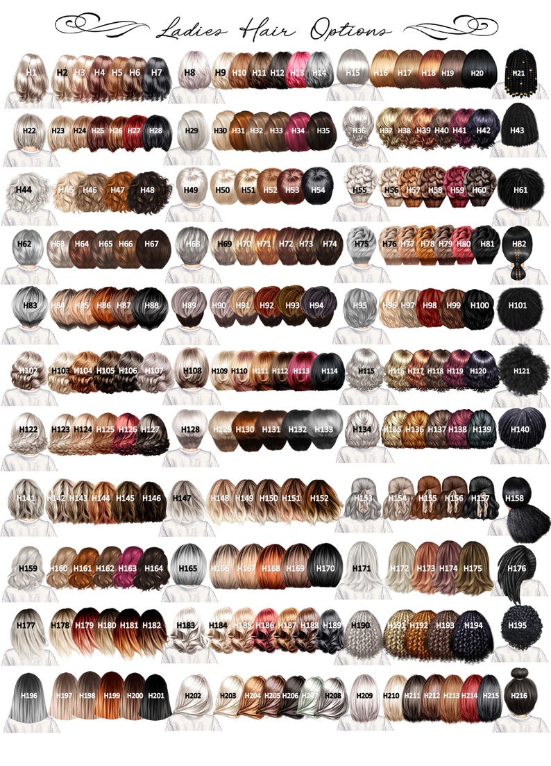 May include: A chart displaying various hairstyles, labeled with numbers. The options include different hair colors and styles, from short bobs to long, flowing locks. The text "Ladies Hair Options" is at the top.