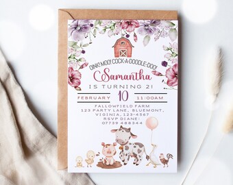 May include: A pink and purple floral themed invitation for a 21st birthday party. The invitation features a red barn with a white cross, a pink balloon, and a variety of farm animals. The text on the invitation reads "OINK! MOO! COCK-A-DOODLE-DOO! Samantha IS TURNING 21! FEBRUARY 10 11:00AM FALLOWFIELD FARM 123 PARTY LANE, BLUEMONT, VIGINIA, 123-4567 RSVP DIANE: 07739 488344"