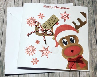 Christmas Kids Reindeer Card with personalised tag/boys and girls / teens /adult