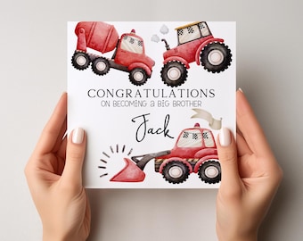 Personalised Big Brother Card, Congratulations Handmade Boys Card,Big Brother, red Trucks, Construction, Promoted Big Brother Card 1836