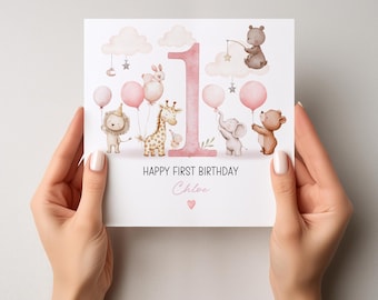 Personalised First Birthday Card, Animals Birthday Card - Keepsake Card For daughter, Granddaughter, Niece ,Sister,1st Birthday Card 1876