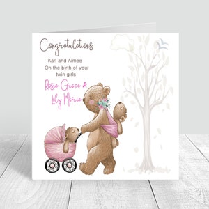 Carte de voeux bébé ours bébé filles jumelles de félicitations faite main et personnalisée | Nouvelle carte bébé | Cadeaux jumeaux